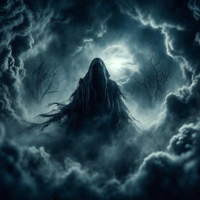 The primary subject of the image is a ghostly figure, possibly a witch or a demon, standing in a dark and cloudy environment. The setting appears to be a forest, with trees visible in the background. The visual style of the image is a combination of photo and digital art, creating a dramatic and eerie atmosphere. The dominant colors in the image are dark shades, such as black, grey, and purple, which contribute to the overall mood of the scene.